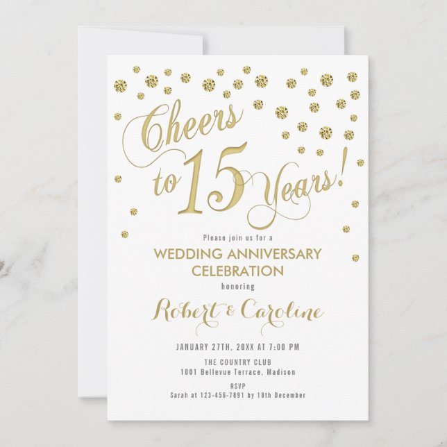 Invitation 15e anniversaire de mariage - Or et bla (Devant)