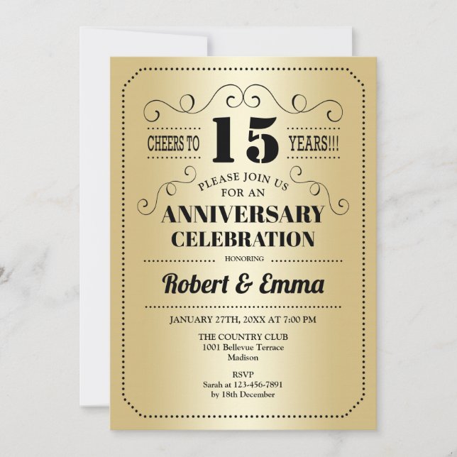 Invitation 15e anniversaire du Mariage - Gold Black (Devant)