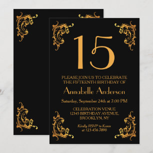 Invitation 15e anniversaire Elegant Gold Black Vintage Retro