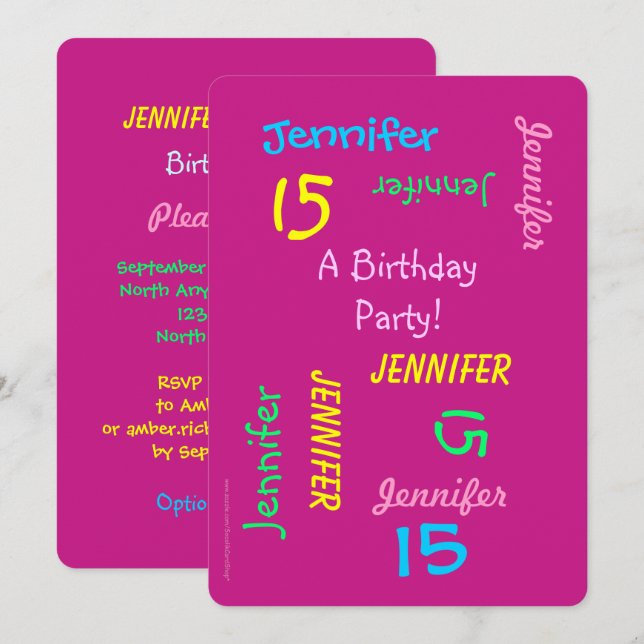 Invitation 15e anniversaire fête Hot rose Nom personnalisé (Devant / Derrière)