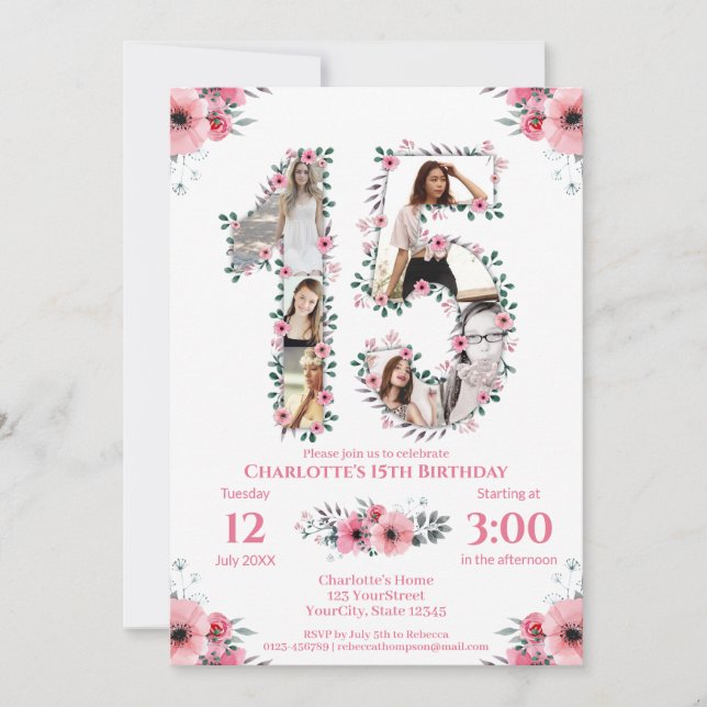 Invitation 15e anniversaire fille photo Collage rose Fleur bl (Devant)