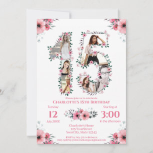 Invitation 15e anniversaire fille photo Collage rose Fleur bl