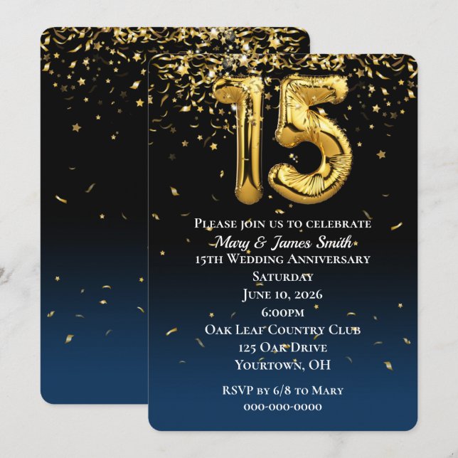Invitation 15e anniversaire Gold Balloons & Confetti Invitati (Devant / Derrière)
