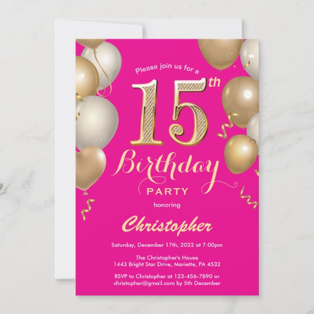 Invitation 15e anniversaire Hot Pink et Gold Balloons Confett (Devant)