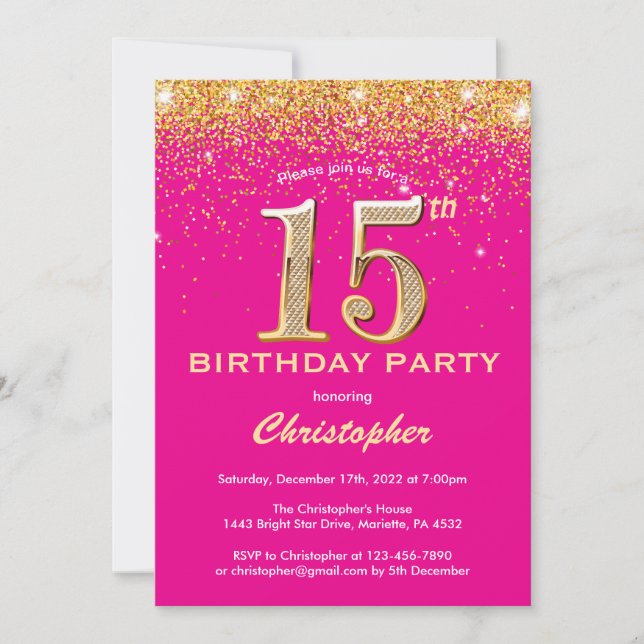 Invitation 15e anniversaire Hot rose et Parties scintillant o (Devant)