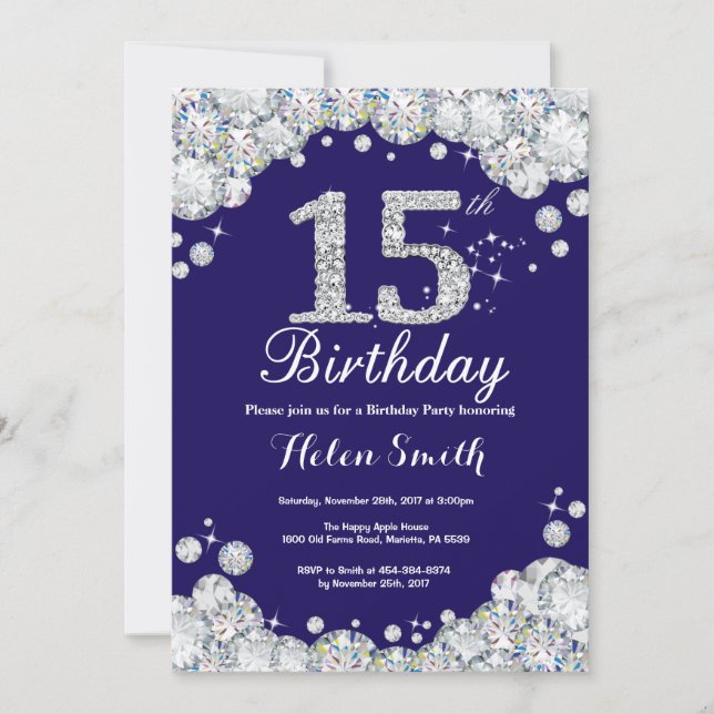 Invitation 15e anniversaire Marine Bleu et Diamant d'argent (Devant)