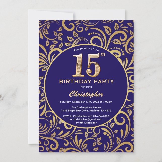 Invitation 15e anniversaire Marine bleu et or modèle floral (Devant)