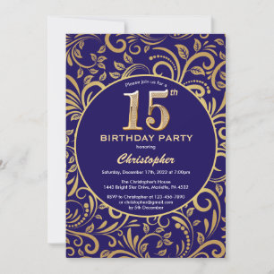 Invitation 15e anniversaire Marine bleu et or modèle floral