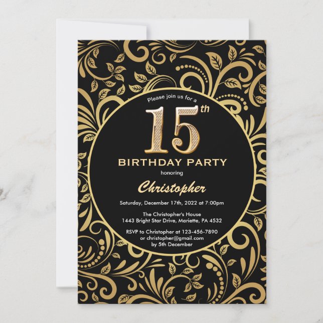 Invitation 15e anniversaire Modèle floral noir et or (Devant)