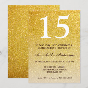 Invitation 15e anniversaire Parties scintillant or jaune Quin