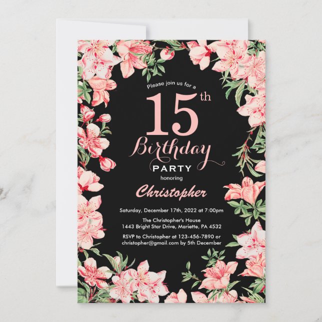 Invitation 15e anniversaire Pink Floral Flowers Arrière - pla (Devant)