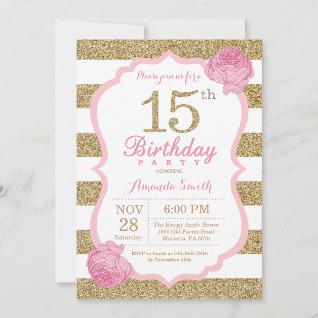 Invitation 15e anniversaire rose et or Floral (Devant)