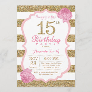 Invitation 15e anniversaire rose et or Floral