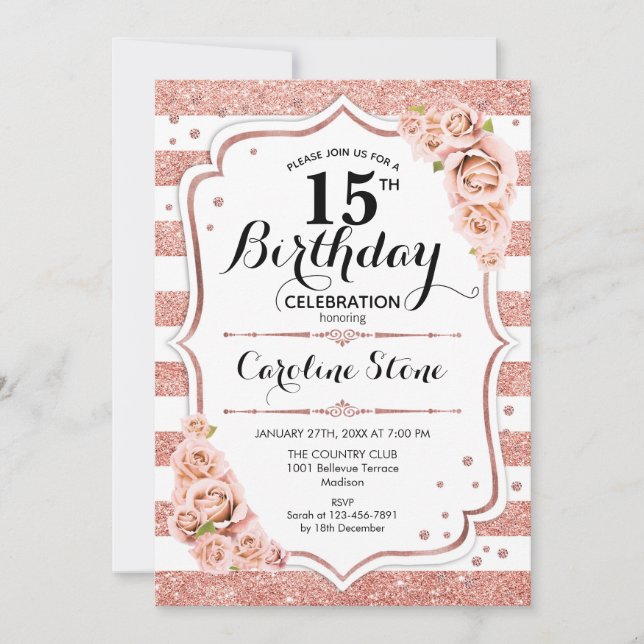 Invitation 15e anniversaire - Rose Gold White Stripes (Devant)