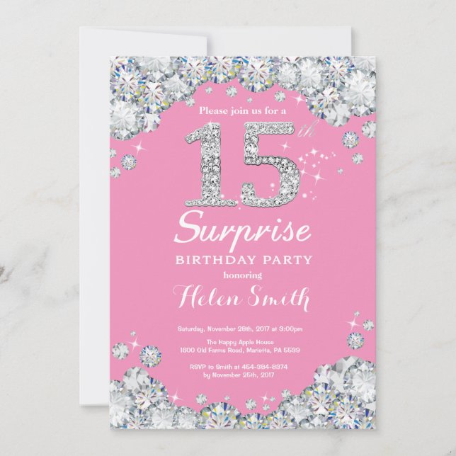 Invitation 15e anniversaire surprise Diamant rose et argent (Devant)