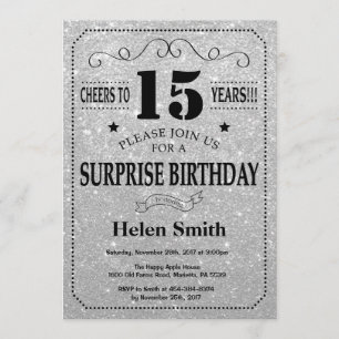 Invitation 15e anniversaire surprise Parties scintillant noir