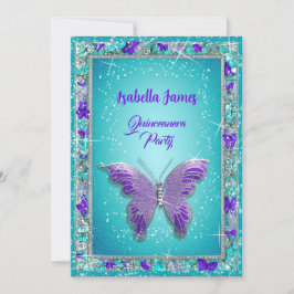Invitation 15e anniversaire violet turquoise bijoux Papillon