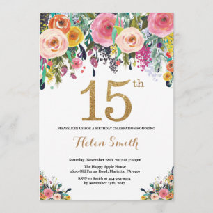 Invitation 15èmes parties scintillantes florales d'or