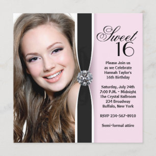 Invitation 16 Anniversaire de la Soirée photo noire rose