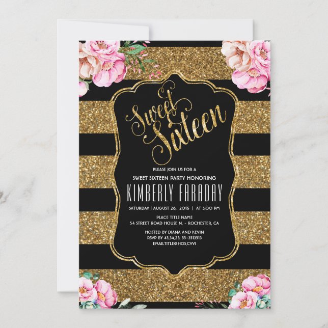 Invitation 16 Anniversaire - Parties scintillant d'or Sweet s (Devant)