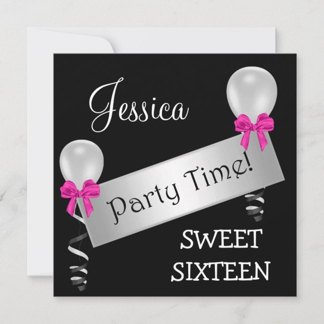 Invitation 16 Ballons noirs blancs argentés roses doux (Devant)