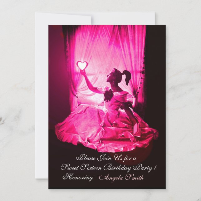 INVITATION 16 SOUFFLE D'ANNIVERSAIRE, FÊTE ROSE FUCHSIA NOIR  (Devant)