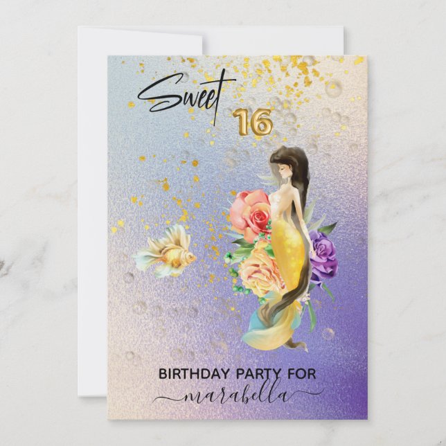 Invitation *~* 16 SWEET SIXTEEN Fleurs de sirène Anniversaire (Devant)