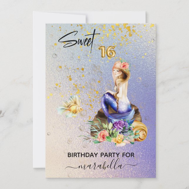 Invitation *~* 16 SWEET SIXTEEN Ombre bleu sirène Anniversair (Devant)