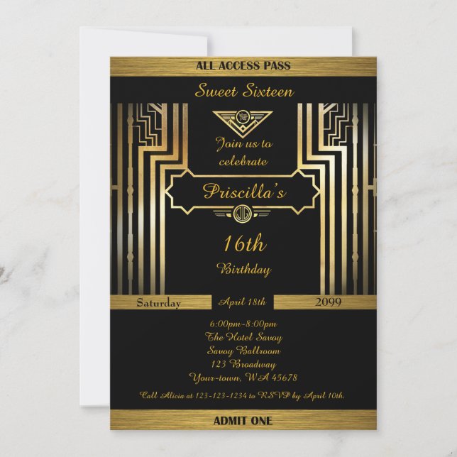 Invitation 16e, 16e anniversaire, style Gatsby, noir & or (Devant)