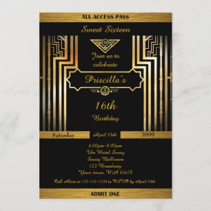 Invitation 16e, 16e anniversaire, style Gatsby, noir & or