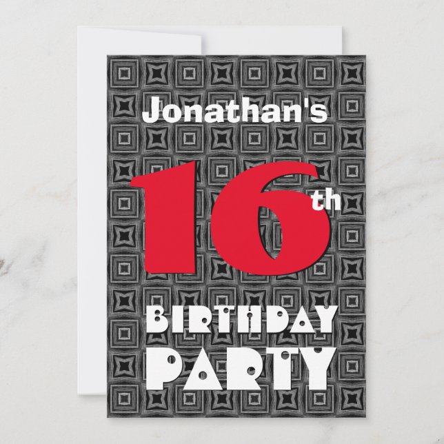 Invitation 16e anniversaire Ado moderne Black White Motif A01 (Devant)