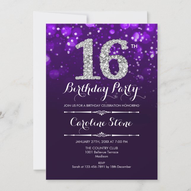 Invitation 16e anniversaire - Argent violet (Devant)