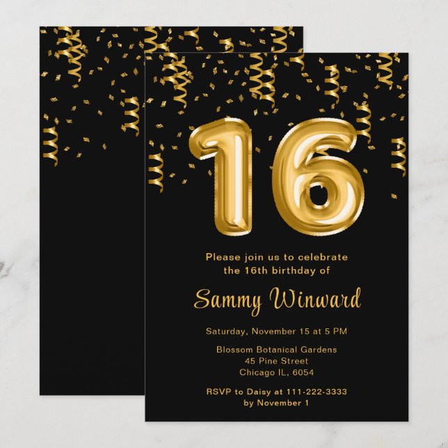 Invitation 16e anniversaire Ballons d'or avec Confetti (Devant / Derrière)