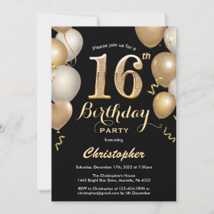Invitation 16e anniversaire Ballons Noir et Or Confetti