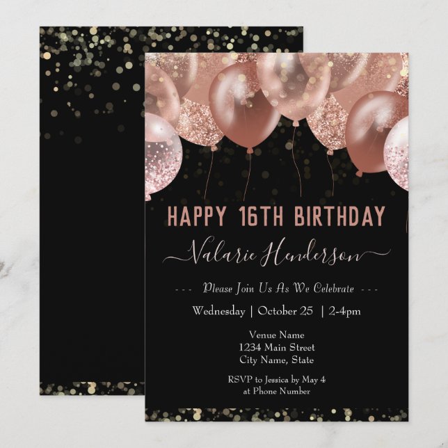 Invitation 16e anniversaire Ballons roses (Devant / Derrière)