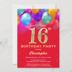 Invitation 16e anniversaire Ballons rouges et dorés
