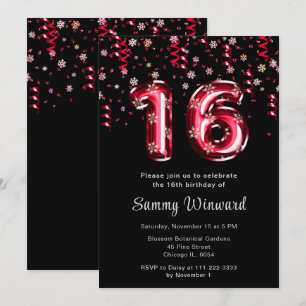 Invitation 16e anniversaire Ballons rouges Flocon de neige Co