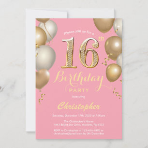 Invitation 16e anniversaire Balloons rose et or Confetti