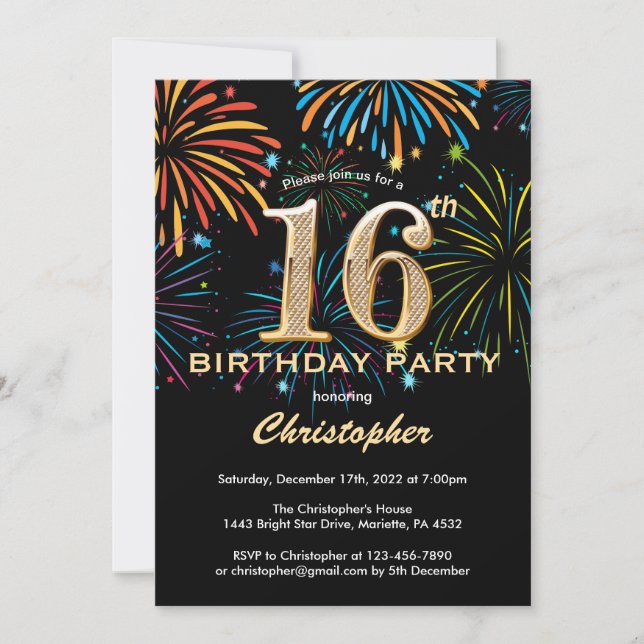Invitation 16e anniversaire Black and Gold Rainbow Fireworks (Devant)
