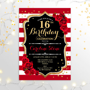 Invitation 16e anniversaire - Black Gold Red White Stripes Ro