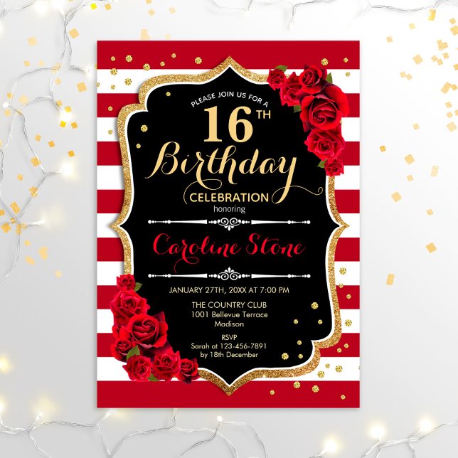 Invitation 16e anniversaire - Black Gold Red White Stripes Ro (Créateur téléchargé)