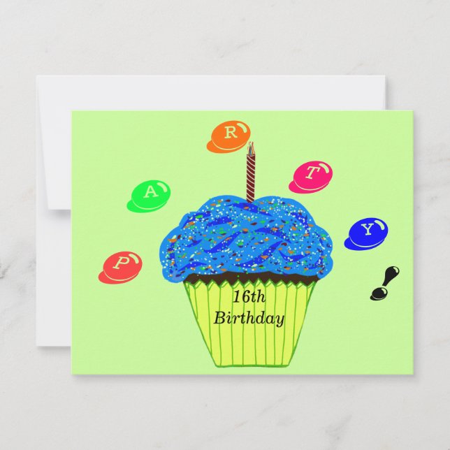 Invitation 16e anniversaire Blue Cupcake Bits de bonbons Invi (Devant)