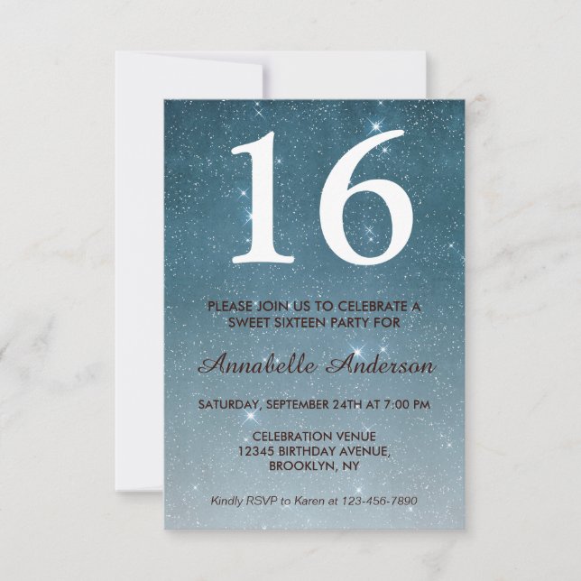 Invitation 16e anniversaire Blue Midnight Sky Star Sweet sixt (Devant)