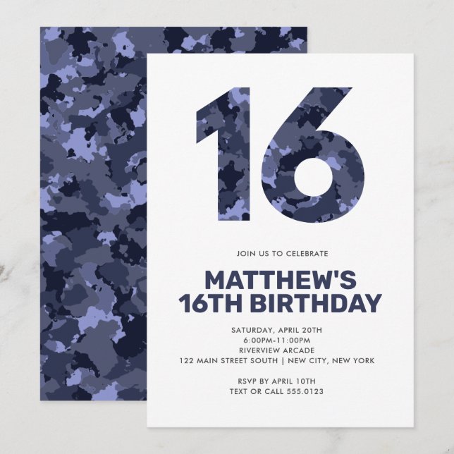 Invitation 16E Anniversaire, Camo Bleu Ado personnalisé (Devant / Derrière)