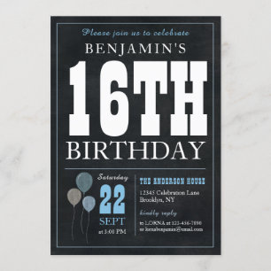 Invitation 16e anniversaire Chalkboard Blue Balloon Rustic Ch
