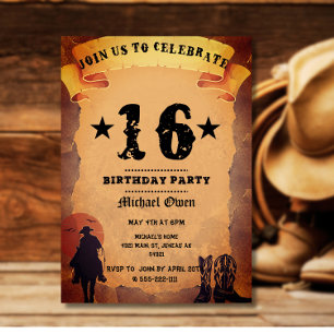 Invitation 16e anniversaire cowboy vieux papier cheval cheval