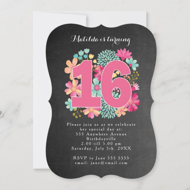 Invitation 16e anniversaire de la fête Tableau noir floral pe (Devant)