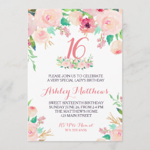 Invitation 16E anniversaire de SWEET SIXTEEN rose Floral Invi