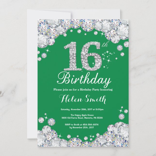 Invitation 16e anniversaire Diamant vert et argent (Devant)
