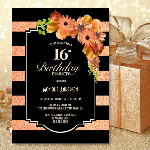 Invitation 16e anniversaire Dîner Coral rayé Fête Florale